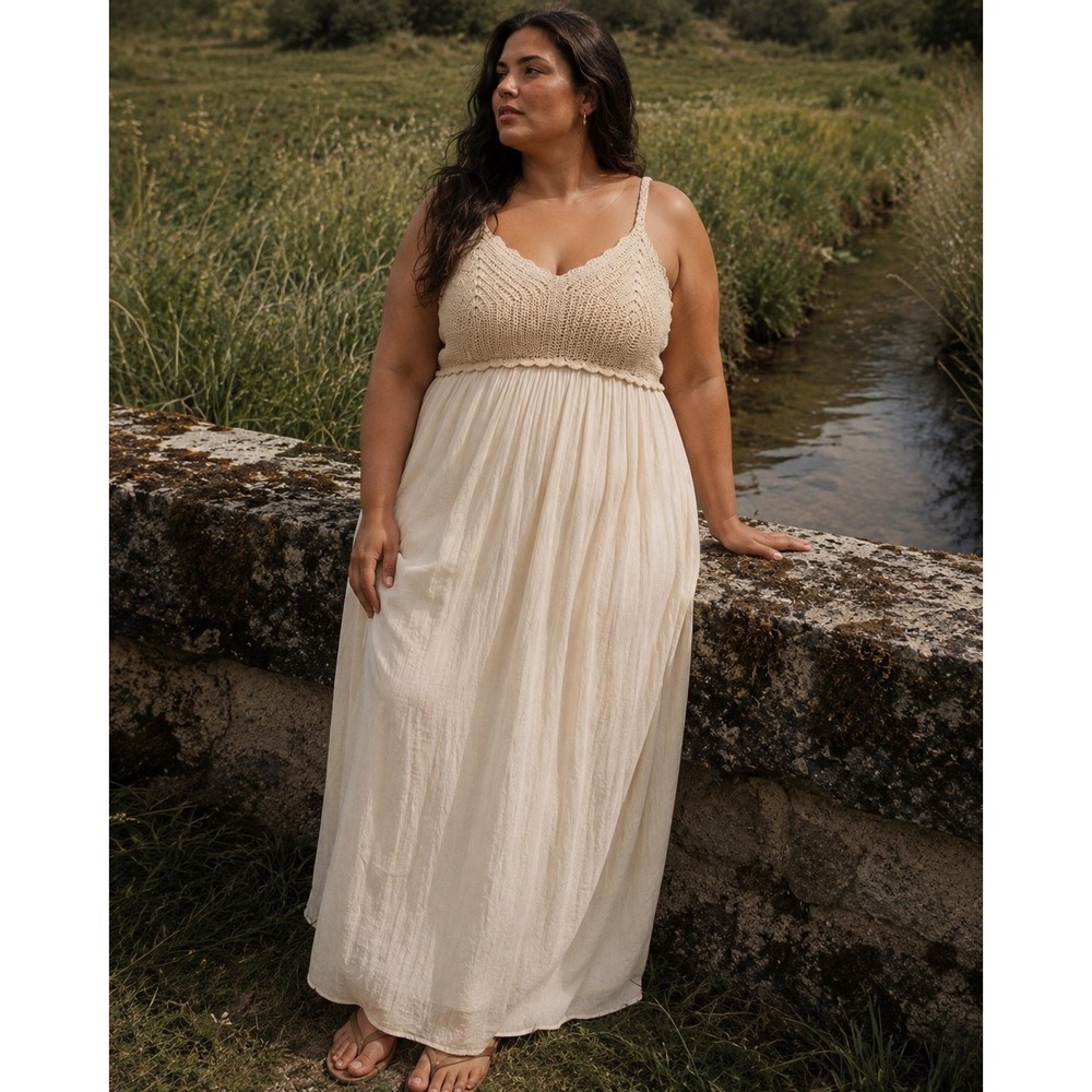 NWT Zara The Selena Dress Crochet Knit Cotton Maxi Cream Tan XXL